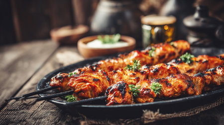 Grilled Chicken Skewers on Rustic Wooden Table, Delicious Middle Eastern Cuisineの素材