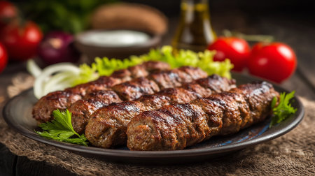Delicious Cevapi Dish with Fresh Vegetables on Rustic Wooden Surfaceの素材