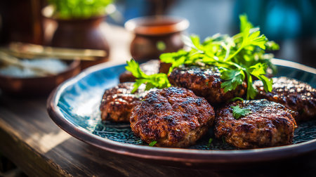 Delicious homemade cutlets or meatballs served on rustic pottery plate with parsleyの素材