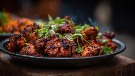 Delicious and Spicy Chicken Tikka Masala Served on a Rustic Plateの素材