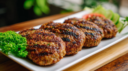 Delicious grilled homemade burger patties served on white plate with garnishes.の素材