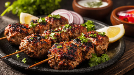 Juicy Grilled Kofta Kebabs on a Plate with Fresh Herbs and Lemonの素材