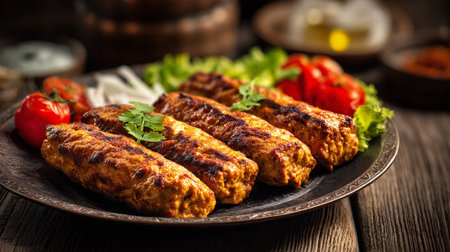 Delicious grilled minced meat kebabs served with fresh vegetables on a plate.の素材