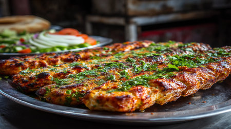 Delicious grilled kebabs garnished with fresh parsley served on a metal platter.の素材