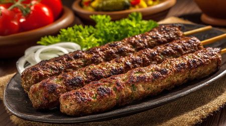 Grilled Kabobs on a Plate with Salad and Tomato Garnishesの素材