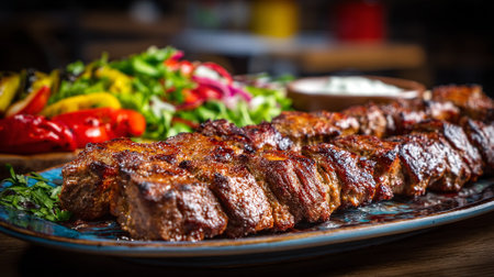 Delicious Grilled Meat Skewers with Colorful Salad, Restaurant Cuisine Conceptの素材