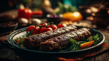 Two succulent kebab rolls served with fresh vegetables on a rustic plate.の素材