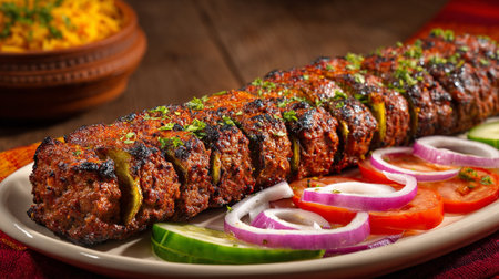 Delicious seekh kebab platter served with onion rings and fresh vegetables.の素材