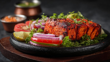 Appetizing tandoori chicken dish served with fresh salad and dipping saucesの素材