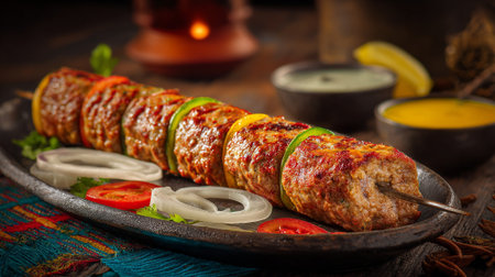 Delicious seekh kebab served on a platter with sauces and garnishes.の素材