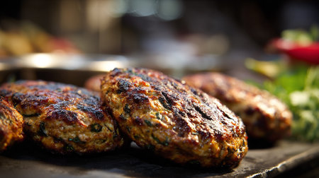 Deliciously grilled meat patties with fresh greens ready to be served.の素材