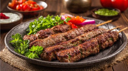 Grilled Adana Kebabs: Delicious Middle Eastern Cuisine Served with Fresh Vegetables on Plateの素材