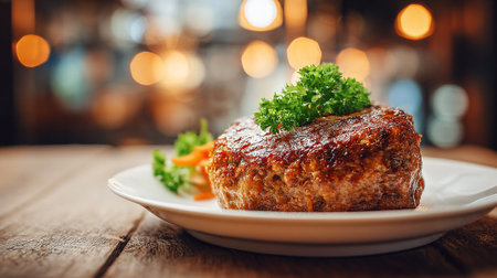 Delicious Meatloaf Dinner With Parsley Garnish, Served on a Rustic Wooden Tableの素材