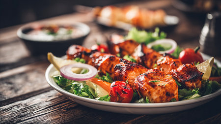 Delicious chicken skewers with grilled tomatoes, red onion, lemon and fresh lettuceの素材