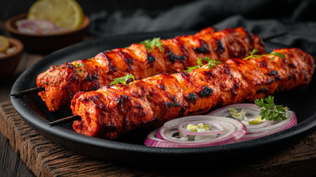 Delicious Seekh Kebab Served on a Black Plate with Onion Ringsの素材