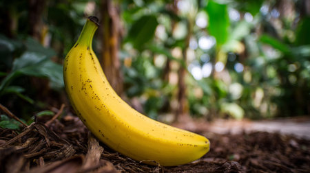 Single Vibrant Yellow Banana Resting Among Wood Shavings in a Tropical Settingの素材