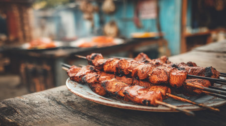 Delicious grilled meat skewers served on rustic wooden table, outdoor settingの素材