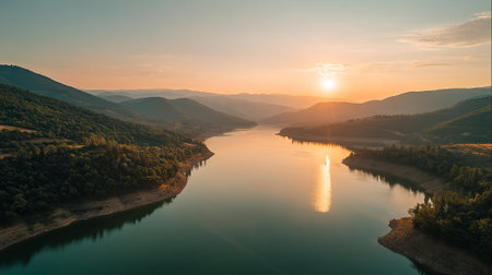 Serene River Valley at Sunset: A Captivating Aerial Viewの素材
