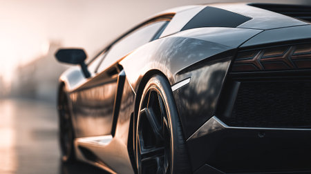 Sleek and modern black car with blurred background showcasing automotive design elementsの素材