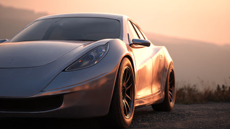 Sleek Silver Car Under Golden Sunset: Automotive Design and Aesthetic Appealの素材