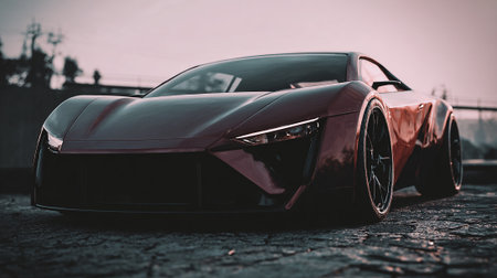 Sleek maroon  vehicle showcasing design elements and luxurious automotive technology.の素材