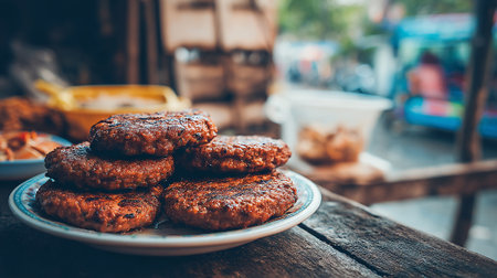 Delicious homemade hamburger patties stacked high on a rustic wooden tableの素材