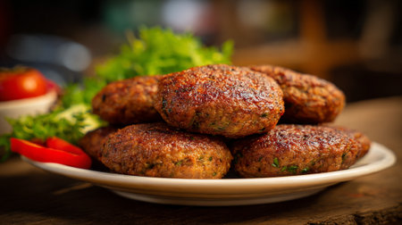 Delicious fried patties stacked on a plate alongside fresh vegetables and tomatoes.の素材