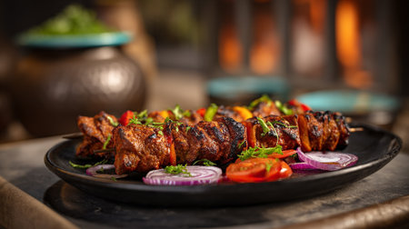 Grilled Meat Skewers Presented on a Rustic Black Plate with Fresh Vegetablesの素材
