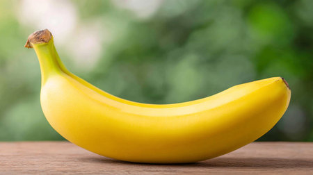 Fresh ripe yellow banana resting on a rustic wooden surface outdoors.の素材