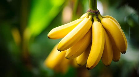 Ripe bananas hanging from the tree, ready for a healthy snackの素材