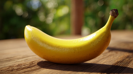 Ripe Banana on Weathered Wooden Surface, Bokeh Background Provides a Natural Ambianceの素材