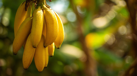 Fresh Yellow Bananas Hanging in Natural Light Ready for Consumptionの素材
