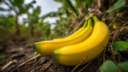 Bright Yellow Bananas Laying on the Ground Within a Lush Tropical Plantationの素材