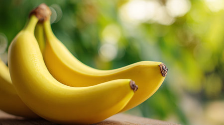 Ripe bananas stacked elegantly on wooden table against a vibrant green backgroundの素材