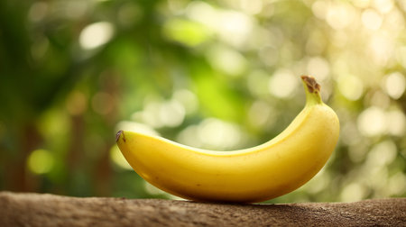Ripe banana resting on a weathered log with sun-dappled bokeh backdropの素材