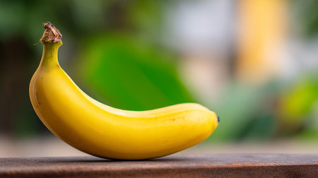 Fresh yellow banana lying on a weathered wooden surface outdoors.の素材