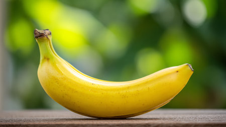 Appealing yellow banana resting peacefully upon a wooden surface with natural backgroundの素材