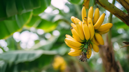 Bunch of fresh organic bananas hanging on a banana tree stemの素材