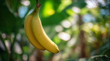 Two ripe bananas hang, with blurred green foliage background suggesting a tropical setting.の素材