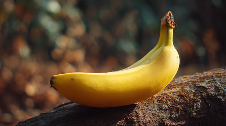 Ripe yellow banana resting on a rustic wooden log outdoors setting.の素材