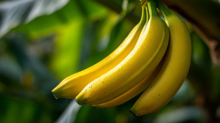 Ripe banana bunch hanging, with lush greenery background, a tropical feelの素材
