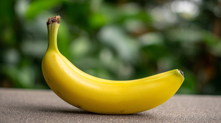 Vibrant yellow banana resting gently against a blurred green foliage background.の素材