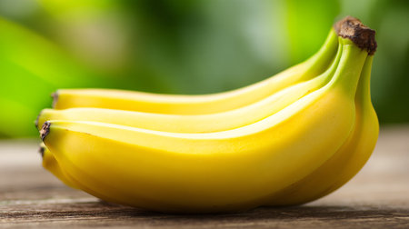 Bright yellow bananas on a wooden surface in soft natural light.の素材