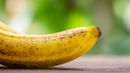 Ripened banana on wooden surface presenting vibrant yellow color and spotted texture.の素材