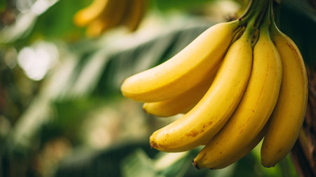 Bunch of Ripe Yellow Bananas Hanging on a Tree in Tropical Gardenの素材