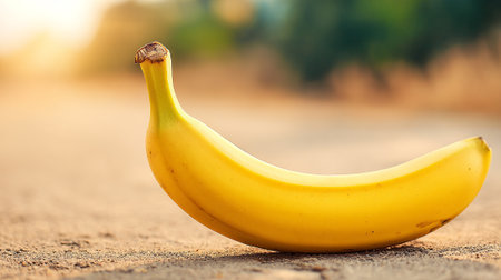 Single ripe yellow banana lying on outdoor surface in warm lightの素材