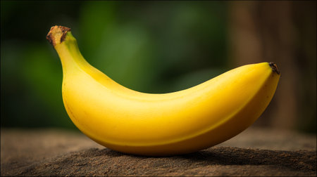 A single ripe yellow banana resting on rustic wooden surface outdoors.の素材