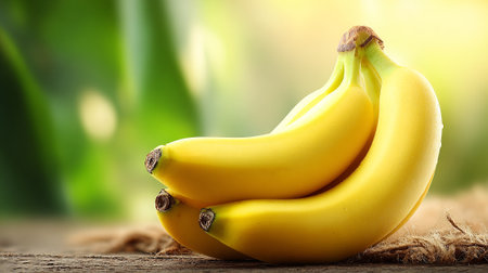 Ripe Banana Bunch on Rustic Wooden Table with Natural Green Backgroundの素材