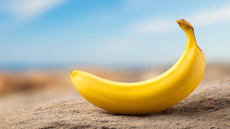 Single vibrant banana resting on a sandy surface against a blurred backdropの素材