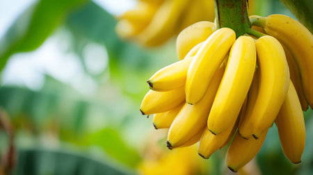 Ripe yellow bananas hanging on tree branch in a natural settingの素材